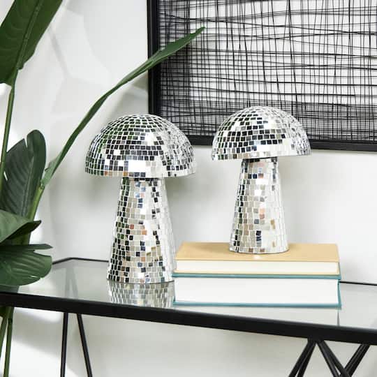 Silver Handmade Glass Mosaic Mushroom Mirror Sculpture Set